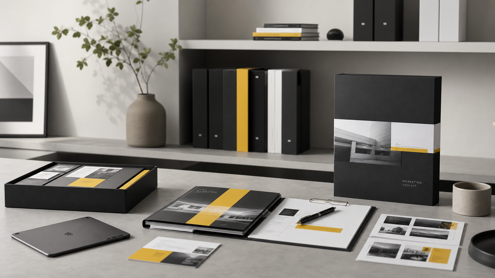 Minimal marketing toolkit materials arranged in a studio